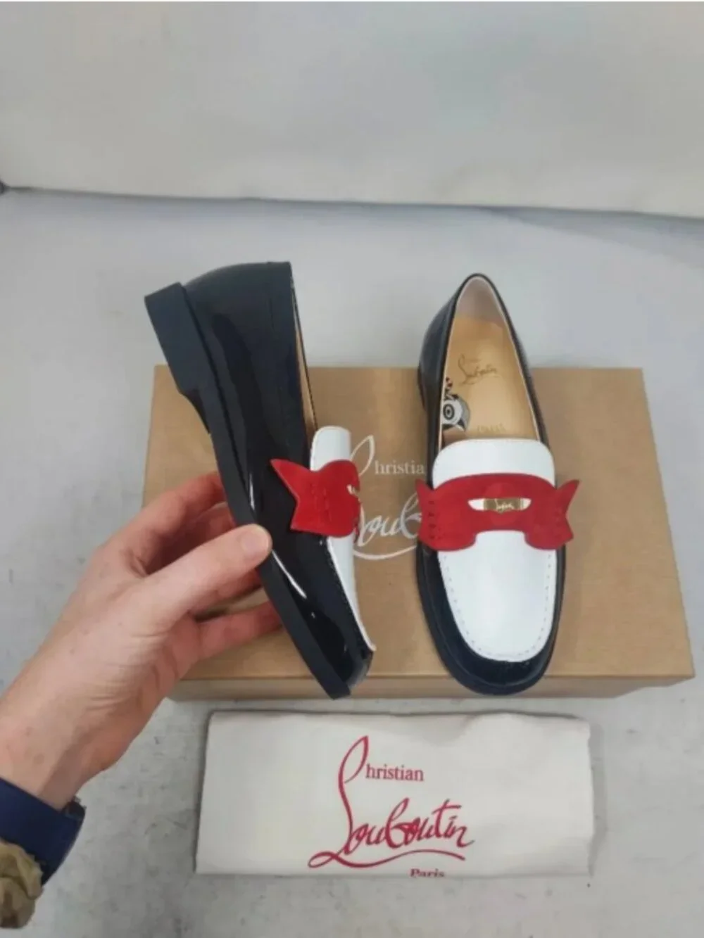 Christian Louboutin Boys Black White Red Penny Loafer